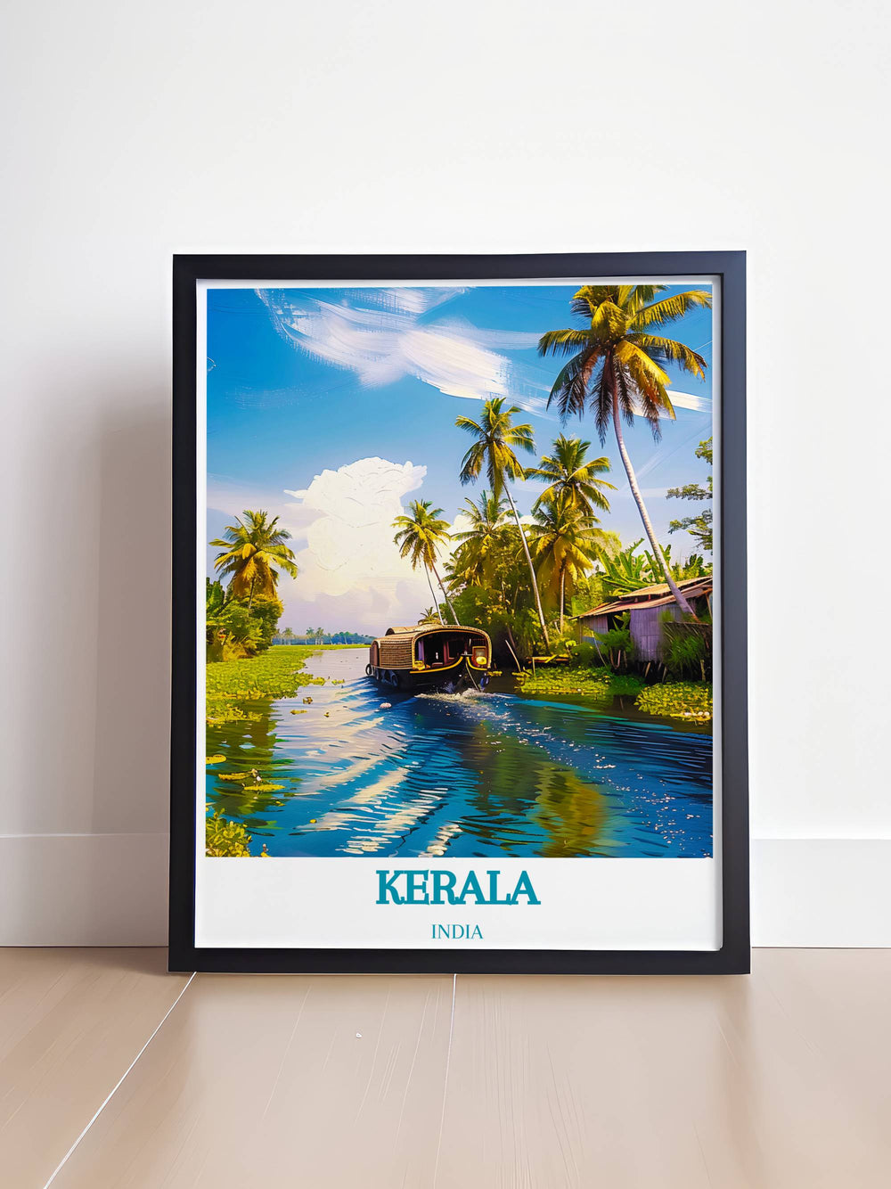 Framed print of the Alleppey backwaters showcasing traditional houseboats and serene water scenes ideal for peaceful home decor