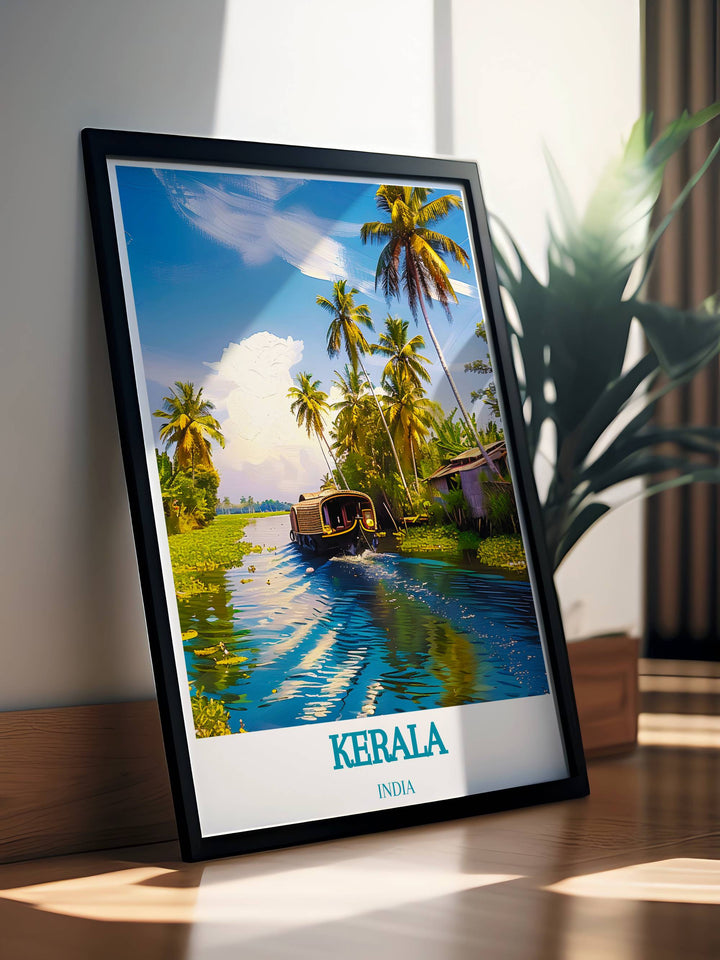 Art print of Keralan houseboats on calm waters surrounded by greenery ideal for adding a serene touch to any room