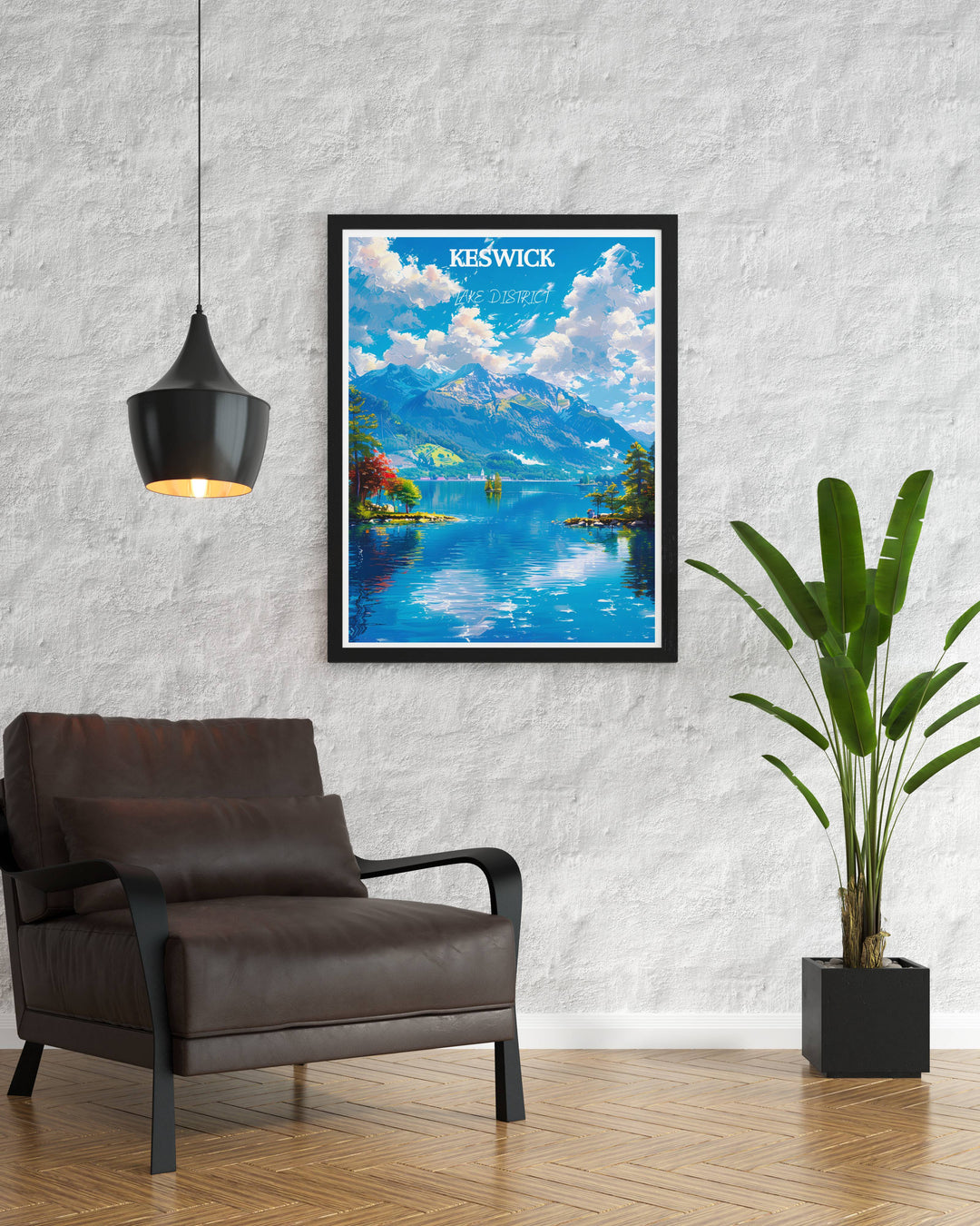 Stylish abstract map of the Lake District, crafted with bold strokes and contrasting colors to creatively highlight geographical features like lakes and mountains.