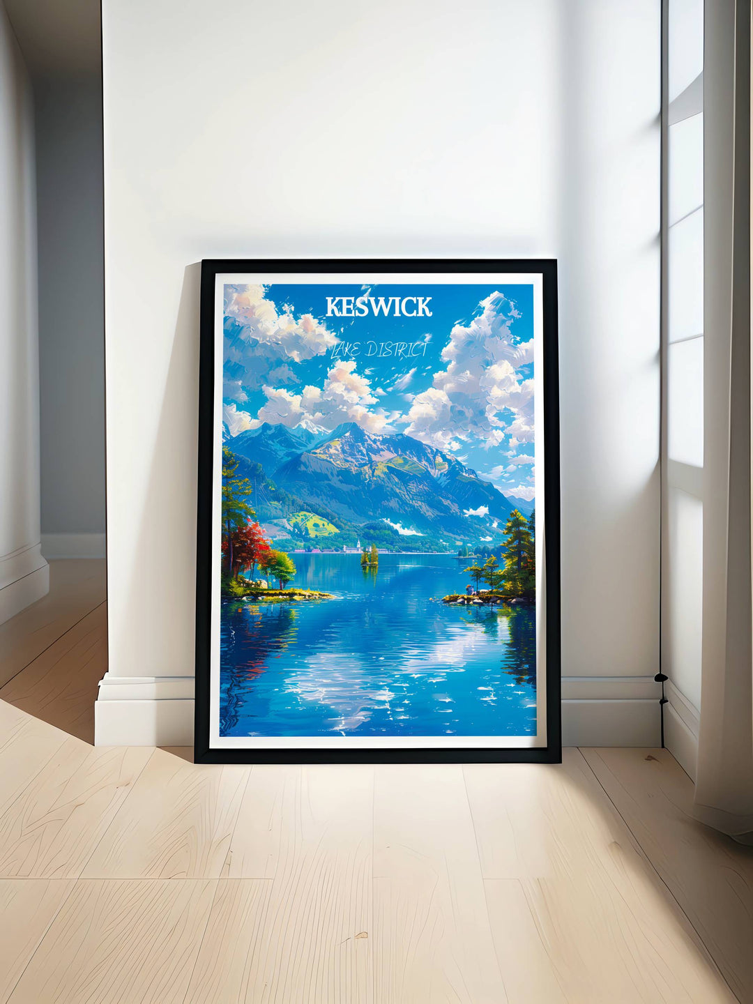Vibrant abstract art print of Keswick Lake District, showcasing a fusion of bright colors that swirl and blend to mimic the dynamic natural forms of the landscape.
