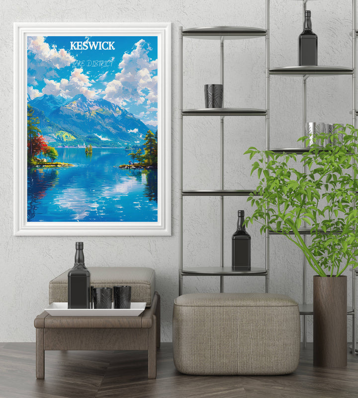 Elegant wall decor illustrating a misty morning in the UK countryside, using soft washes of grey and blue to create a calm and peaceful ambiance.