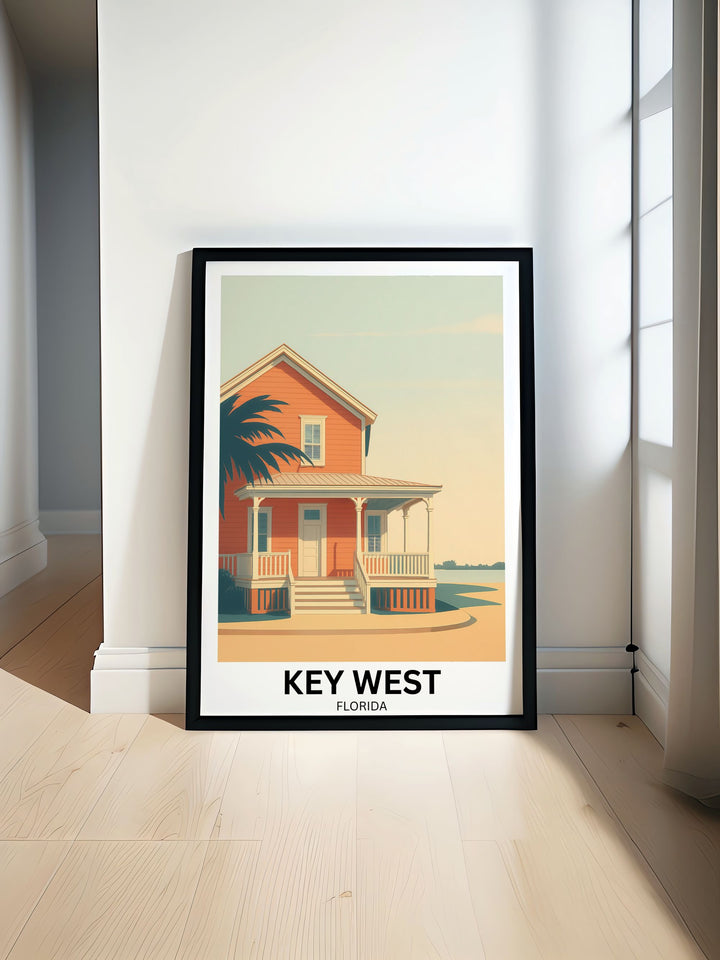 A large framed fine art print of the Key West tropical landscape, shown in a minimalist white wooden frame hanging in a modern living room.