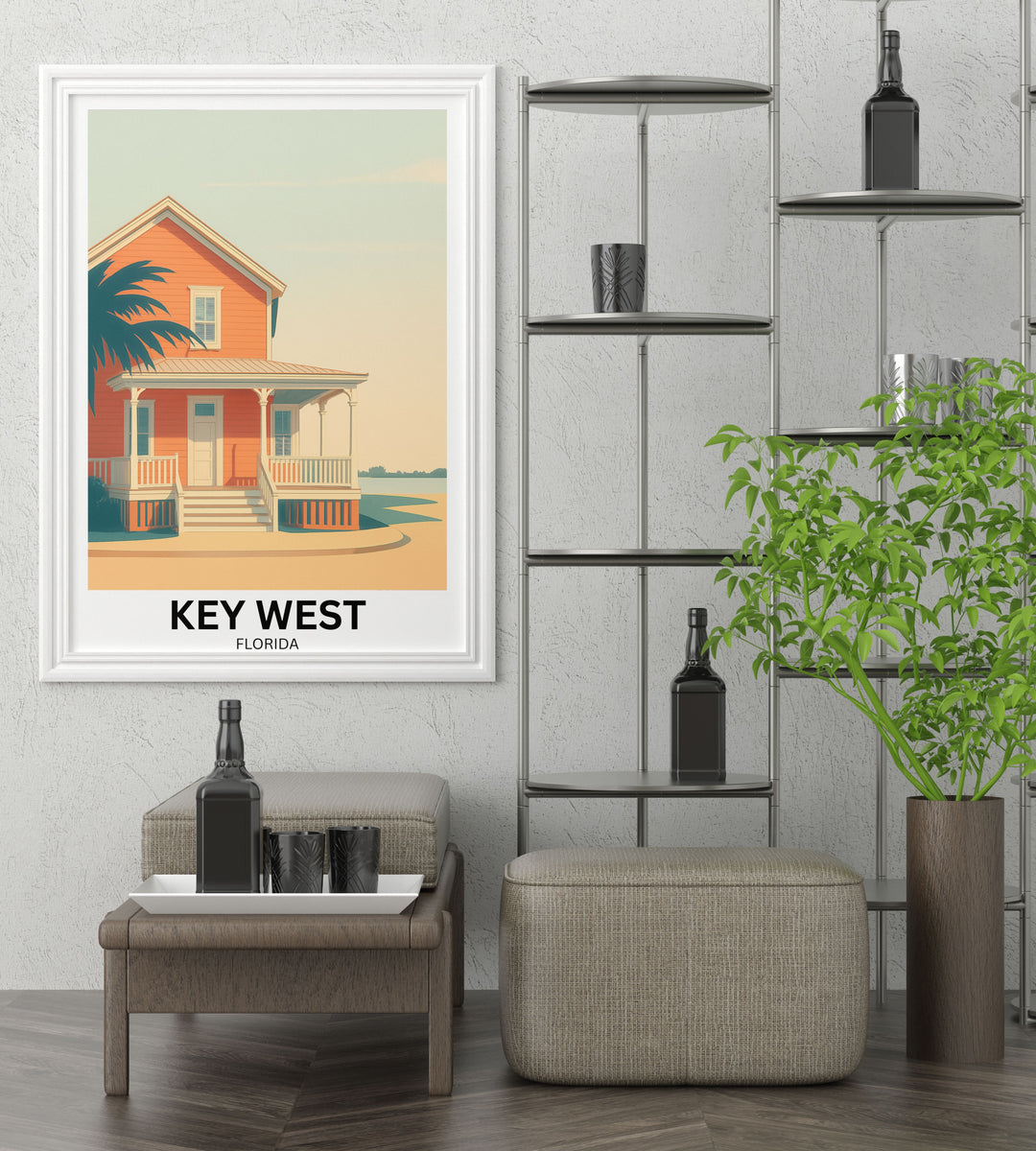 An architectural landscape wall art piece of the Florida Keys, presented in a light oak wood frame for a sophisticated coastal vibe.