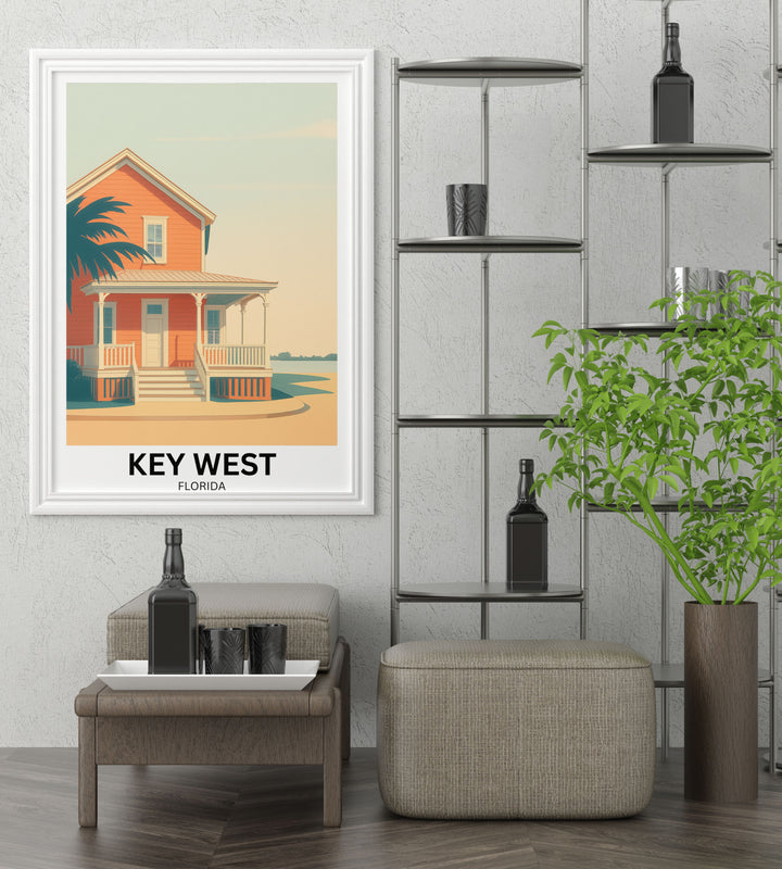 An architectural landscape wall art piece of the Florida Keys, presented in a light oak wood frame for a sophisticated coastal vibe.