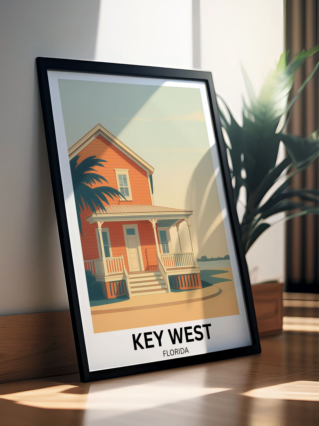 A framed travel art poster in a coastal dining room, illustrating the sunny aesthetic of Key West with bold and saturated colors.