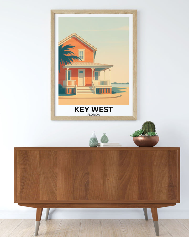 A minimalist wall art display featuring the Key West print as the center focal point of a travel-themed gallery wall collection.