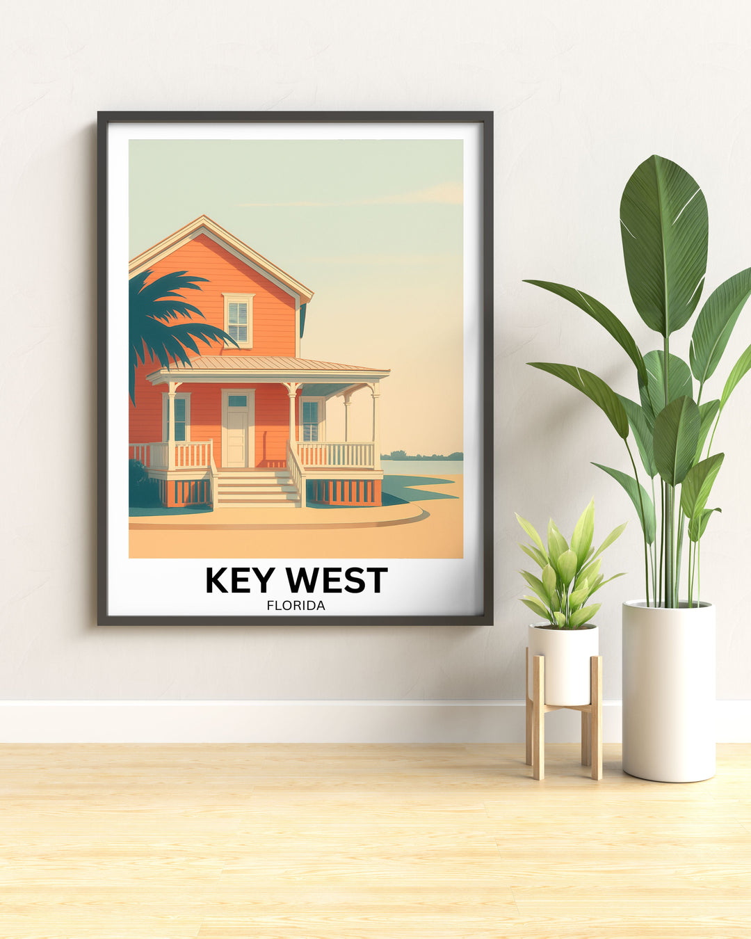 A vertical wall art poster of a pink Key West Conch house featuring a centered architectural perspective and dramatic palm leaf shadows.
