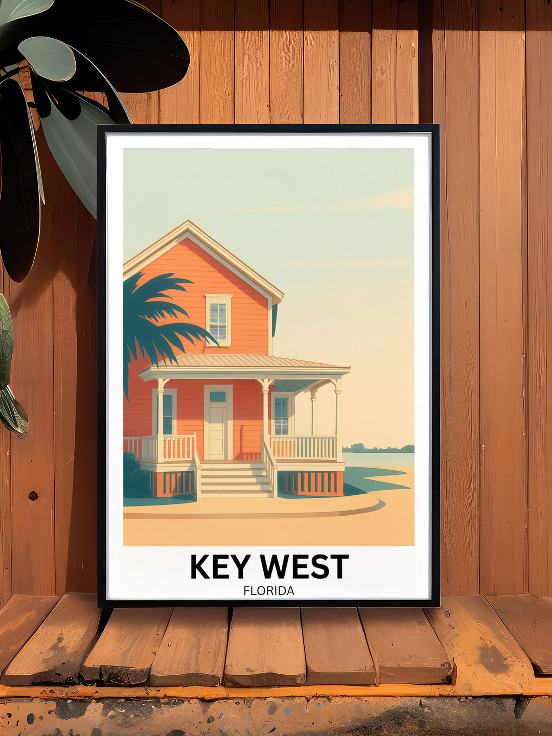 A minimalist wall art display featuring the Key West print as the center focal point of a travel-themed gallery wall collection.