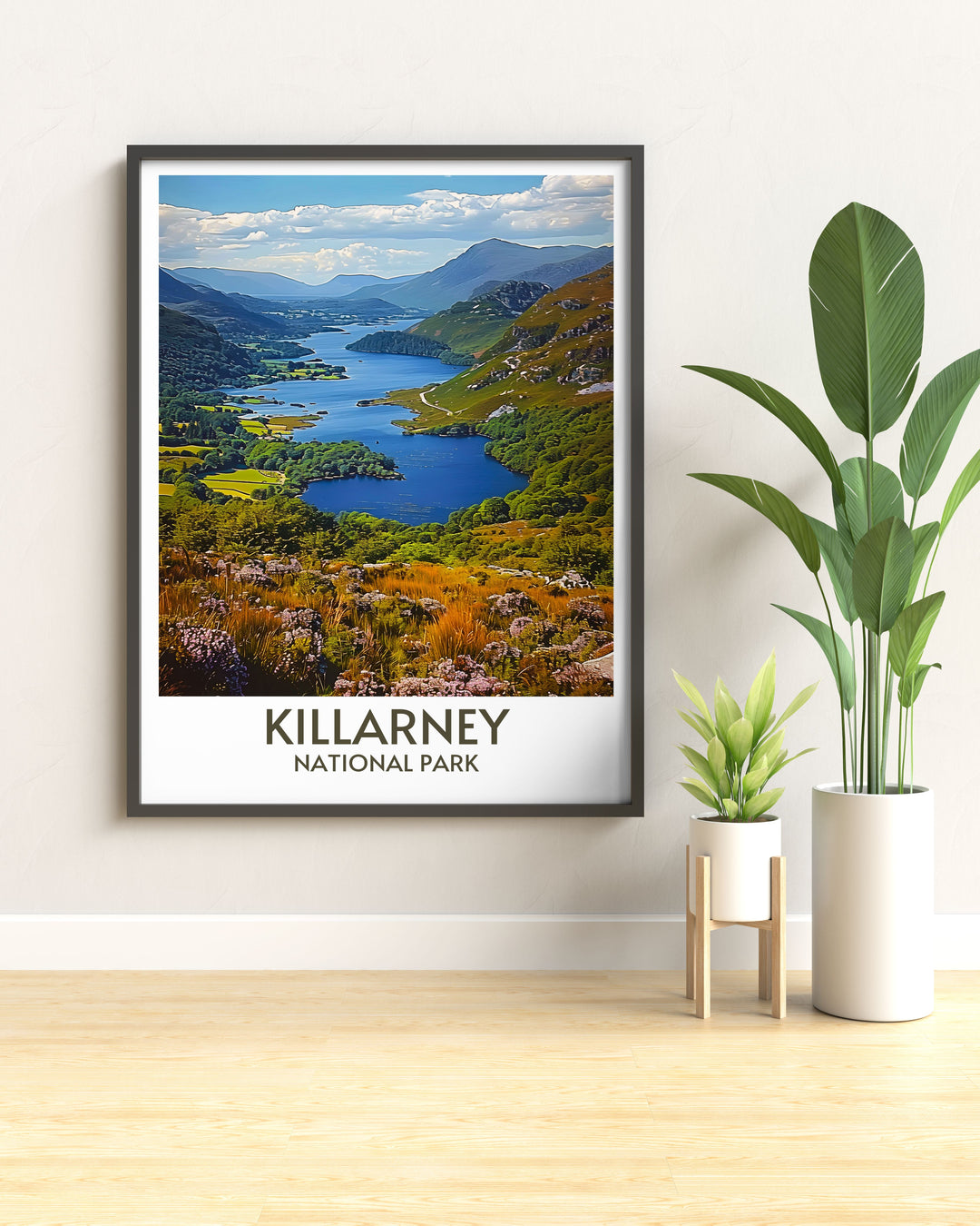 Travel poster of Killarney National Park highlighting famous sites like the Ring of Kerry and the McGillycuddy Reeks