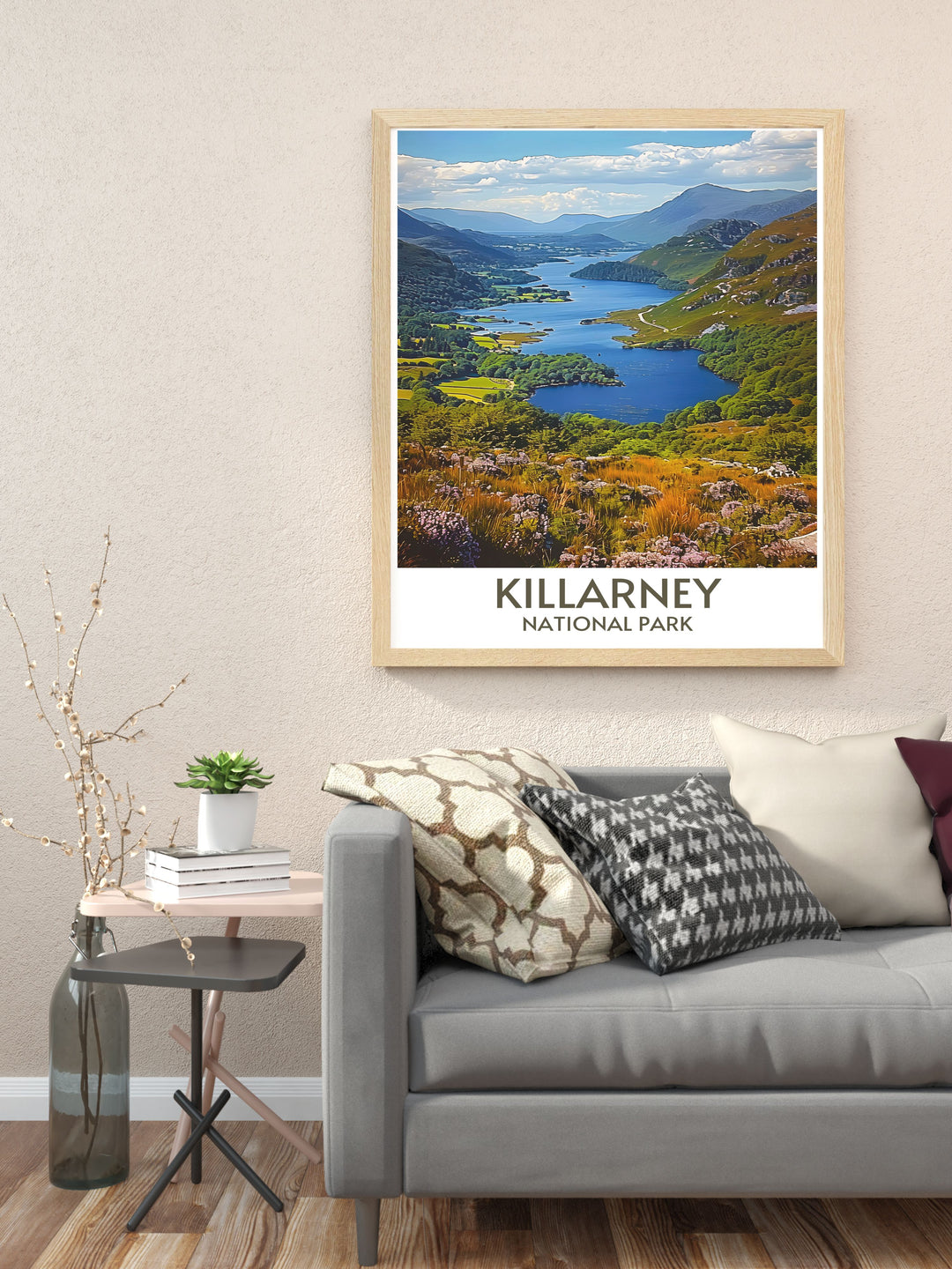 Framed print depicting the vibrant flora and tranquil lakes of Killarney, ideal for adding a touch of Ireland to any room