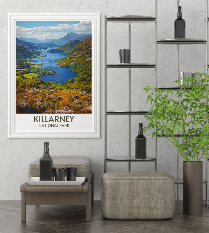 Vintage travel print of Irelands Killarney showcasing traditional horse carriages and winding paths, great for collectors
