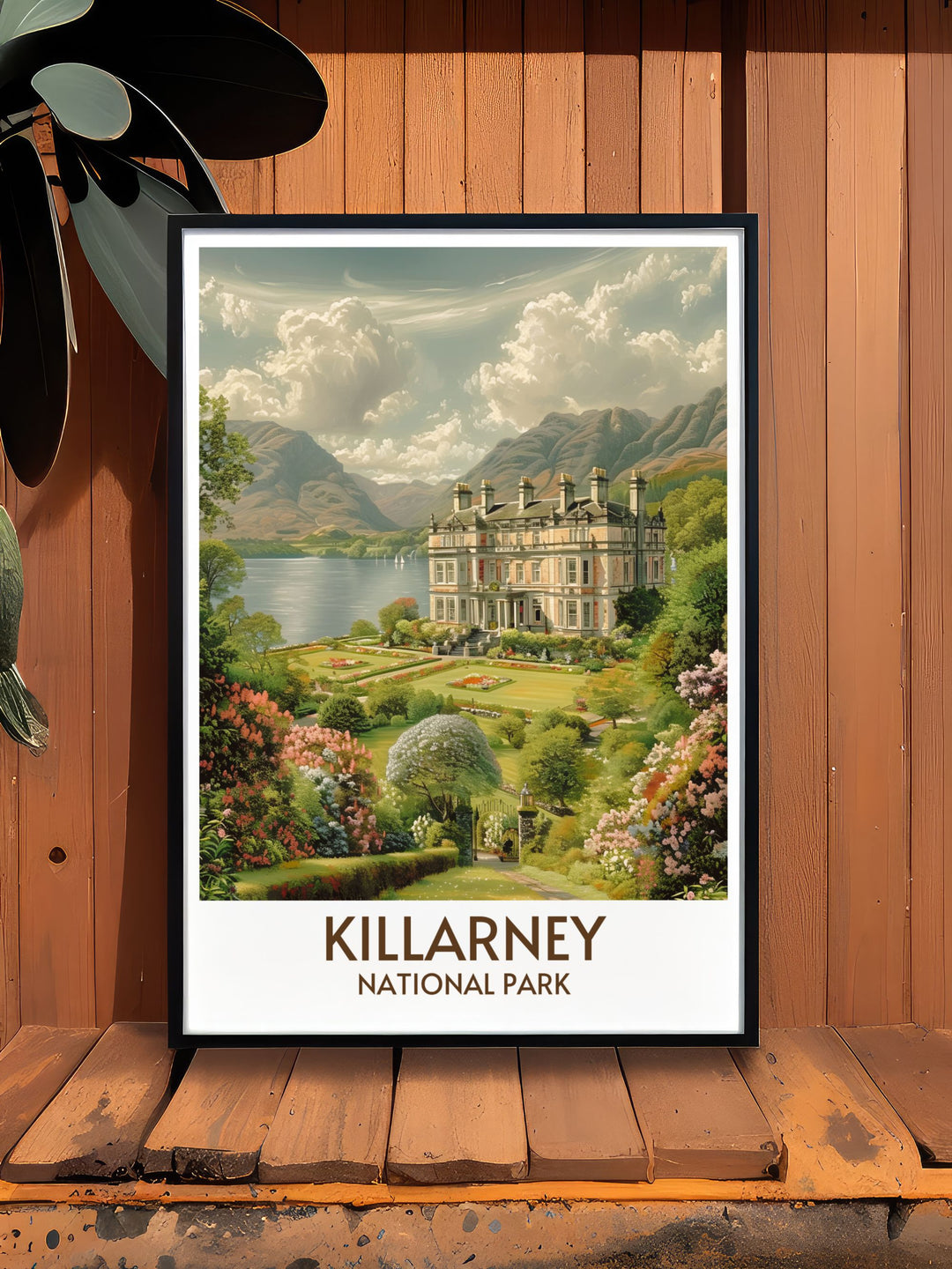 Detailed art print of the gardens at Muckross House, focusing on the intricate landscape design and variety of flora.