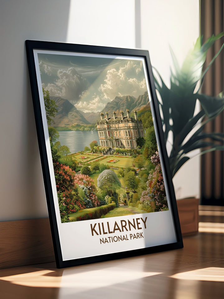 Vintage Irish travel poster of Muckross House, blending historical architecture with the natural charm of Killarney gardens.