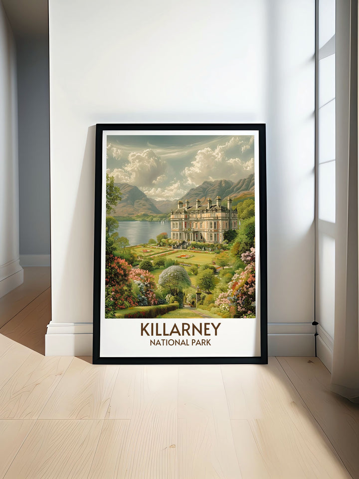 Art print of Muckross House showcasing the historic architecture and lush gardens, ideal for fans of Irish heritage and natural beauty.