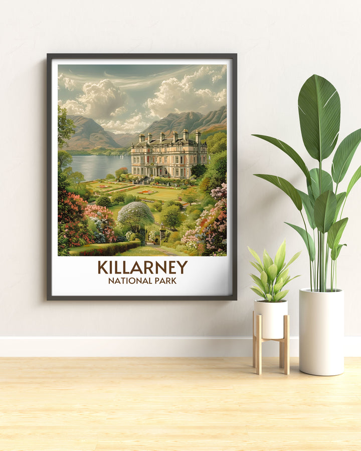 Custom print of Muckross House gardens in spring, capturing the blooming flowers and green landscapes, great for garden lovers.