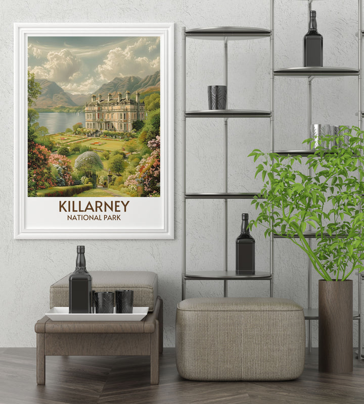 Canvas art featuring the detailed architecture of Muckross House against the backdrop of Killarneys natural landscapes.