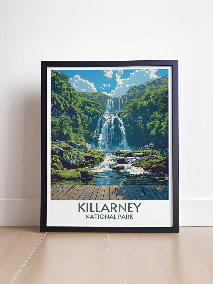 Artistic print of Torc Waterfall, showcasing the dynamic and powerful water flow amidst natural greenery.