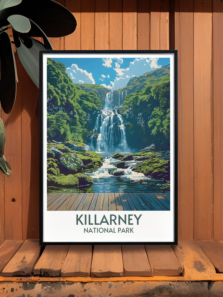 Travel poster of Irish landscapes, focusing on the iconic views and historic sites of Killarney.