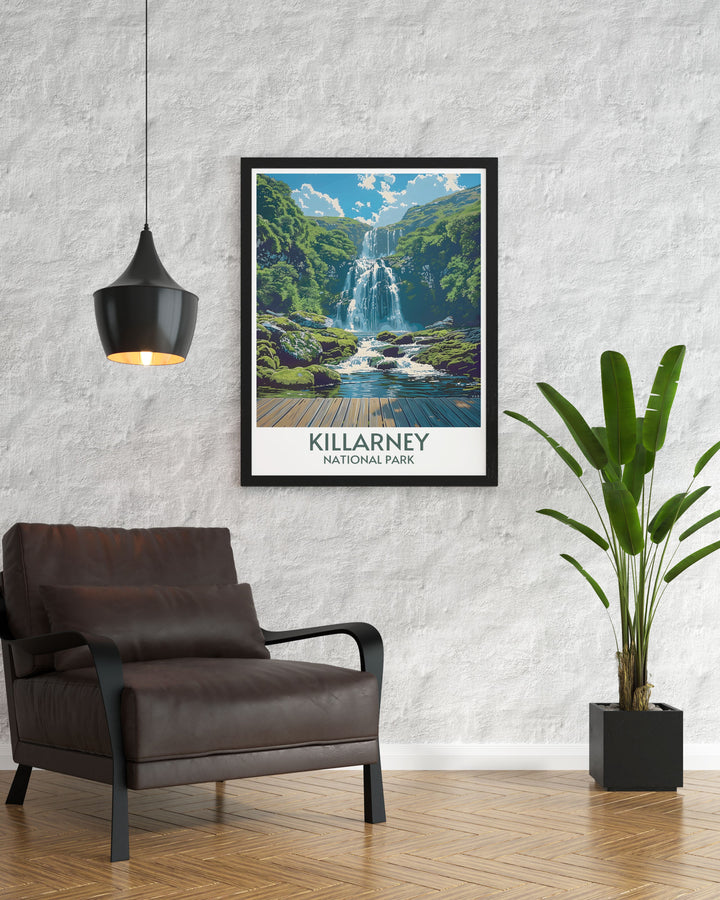 Artwork of Killarneys lakes and mountains, blending natural colors and artistic interpretation.