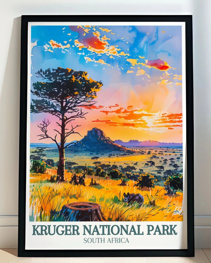 Explore the beauty of African wildlife with Kruger South Africa safari travel posters for sale featuring vivid scenes of elephants lions and untamed landscapes perfect for adventurous and nature-themed interiors