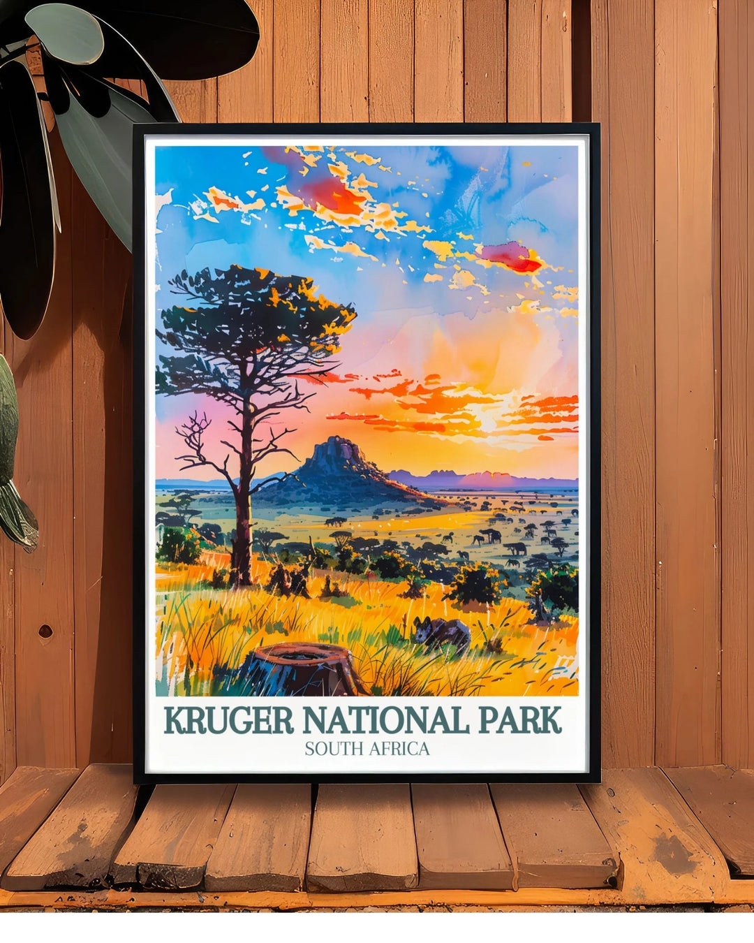 This Kruger poster captures the untamed elegance of the savanna with warm earthy tones and detailed wildlife illustrations ideal for safari lovers and travel art collectors seeking a bold visual statement