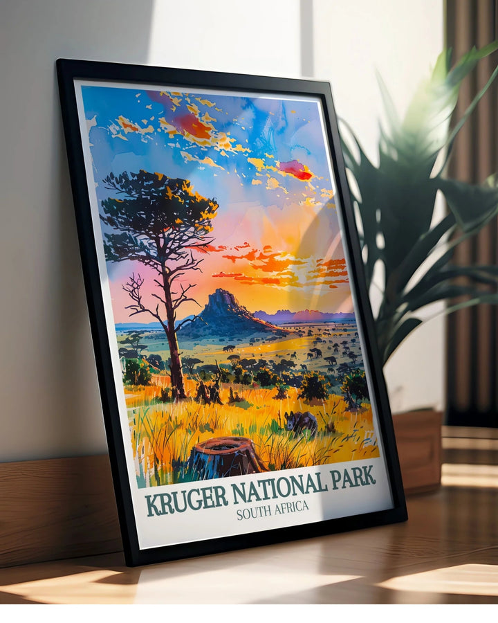 This Kruger framed print blends natural beauty with timeless design highlighting giraffes under acacia trees with subtle textures and warm tones that make it a striking piece for modern wall décor
