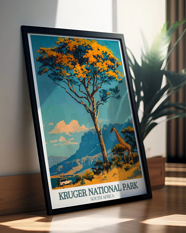 Highlighting the serene beauty of Kruger National Park, this travel poster captures its diverse wildlife and stunning vistas. Perfect for those who appreciate unique natural wonders, this artwork brings the essence of Africa into your home.