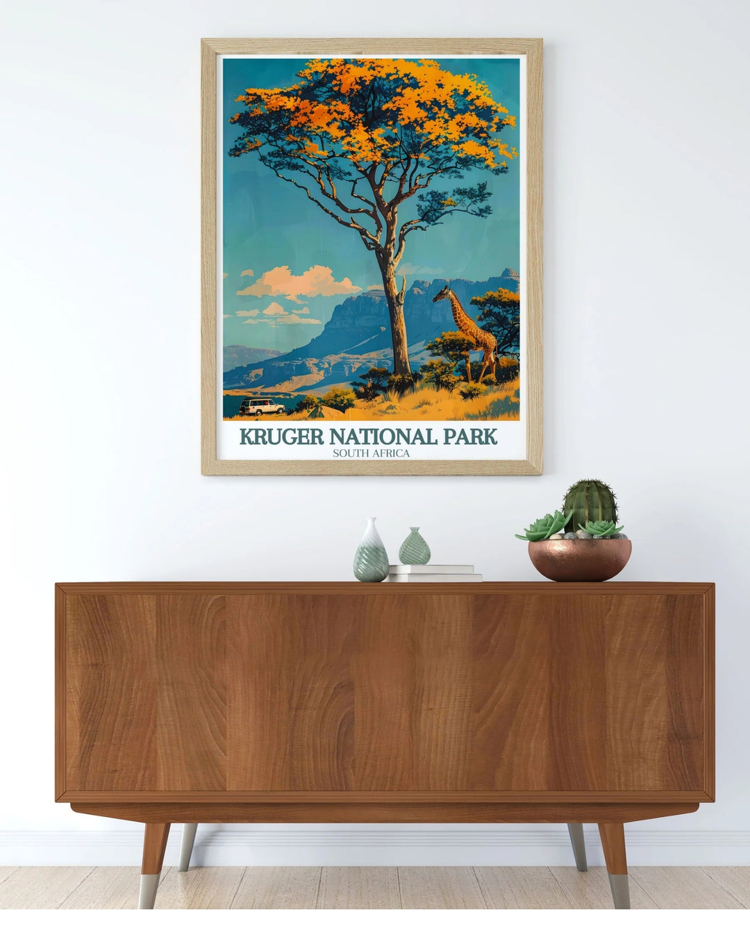 The majestic Kruger National Park, spanning nearly 20,000 square kilometers, is highlighted in this travel poster. Ideal for those who appreciate wildlife and natural beauty, this artwork brings the spirit of African safaris into your home.