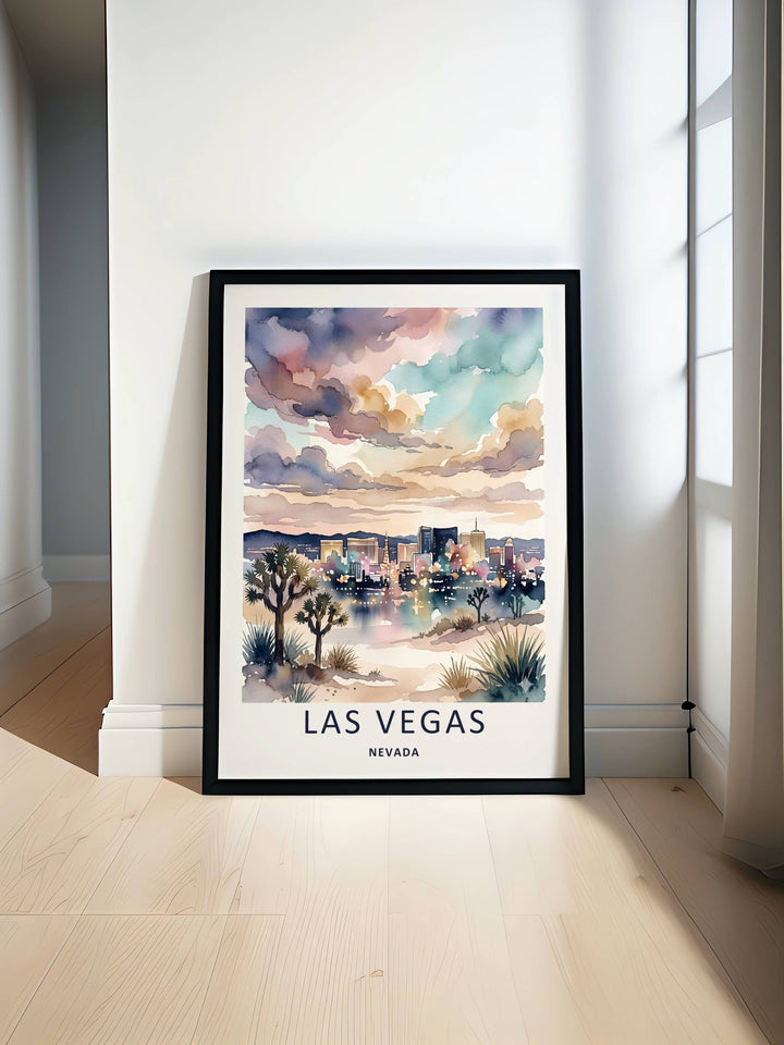 Artistic watercolor skyline of Las Vegas Nevada, focusing on fine-art paper granulation effects, muted indigo text tones, and an expansive desert horizon, shown styled inside a crisp, contemporary black frame.