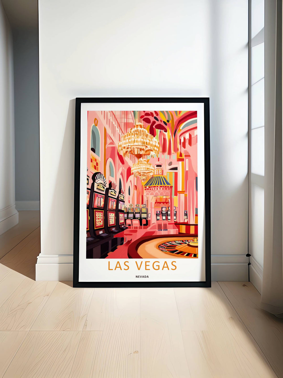 An elegant travel art print titled Las Vegas Nevada. The design is formatted like a premium museum exhibition poster with balanced negative white space separating the pink graphic from the title.