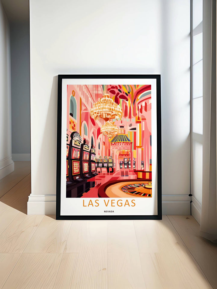 An elegant travel art print titled Las Vegas Nevada. The design is formatted like a premium museum exhibition poster with balanced negative white space separating the pink graphic from the title.