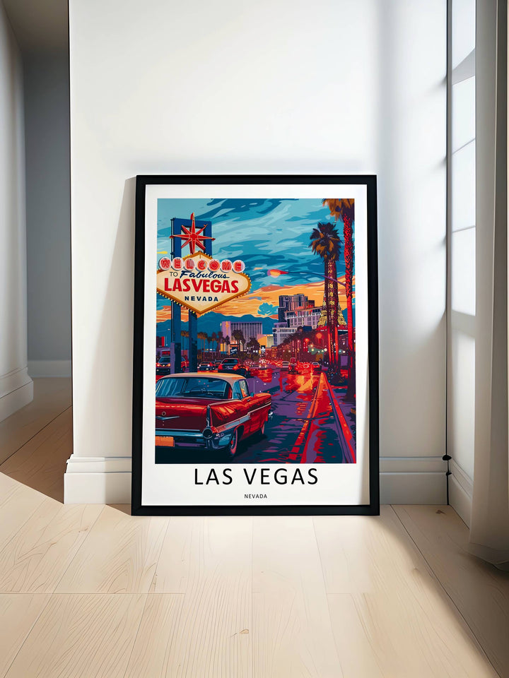 Vintage Las Vegas street illustration print displayed in a modern black frame. The artwork features rich crimson red, deep teal, and orange sunset tones reflecting on a rain-slicked boulevard.