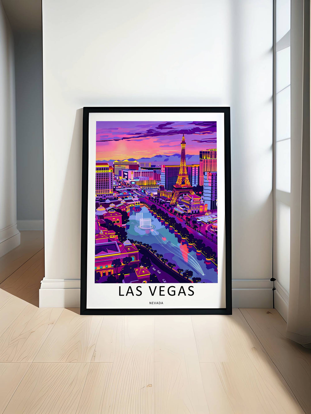 Artistic vector skyline of Las Vegas Nevada from above, focusing on fine-art paper printing quality, crisp text letter spacing, and a classic retro layout inside a clean black gallery frame.