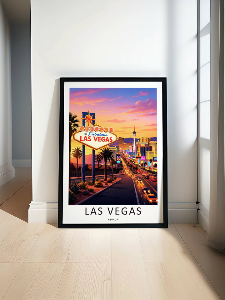 Artistic vector skyline of Las Vegas Nevada, focusing on fine-art paper printing quality, crisp text letter spacing, and an expansive sunset strip view, shown styled inside a clean black gallery frame.