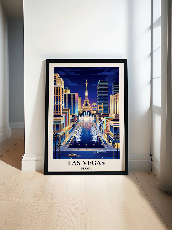 Artistic vintage skyline of Las Vegas Nevada from a ground-level view, focusing on fine-art paper printing quality, crisp text letter spacing, and a classic retro layout inside a black frame.