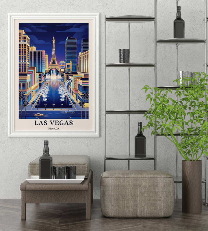An elegant travel art print titled Las Vegas Nevada. The design is formatted like an early travel lithograph poster with balanced negative cream space separating the blue graphic from the title.