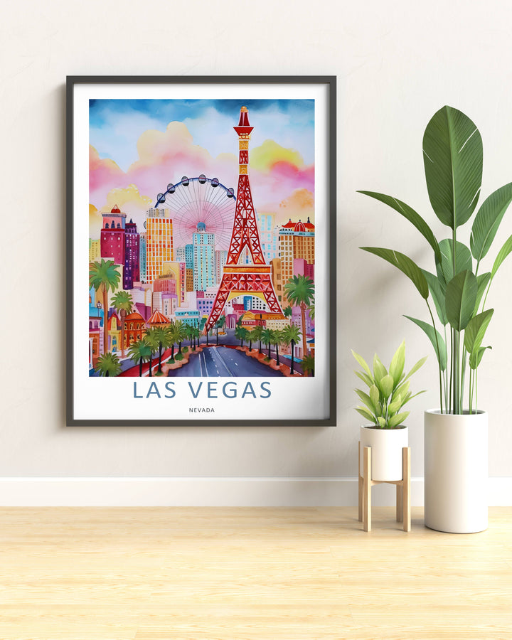 An exhibition-style travel poster of the Nevada city strip, printed on museum-quality 220gsm heavyweight matte paper. The design features a bold white border with clean centered typography text.