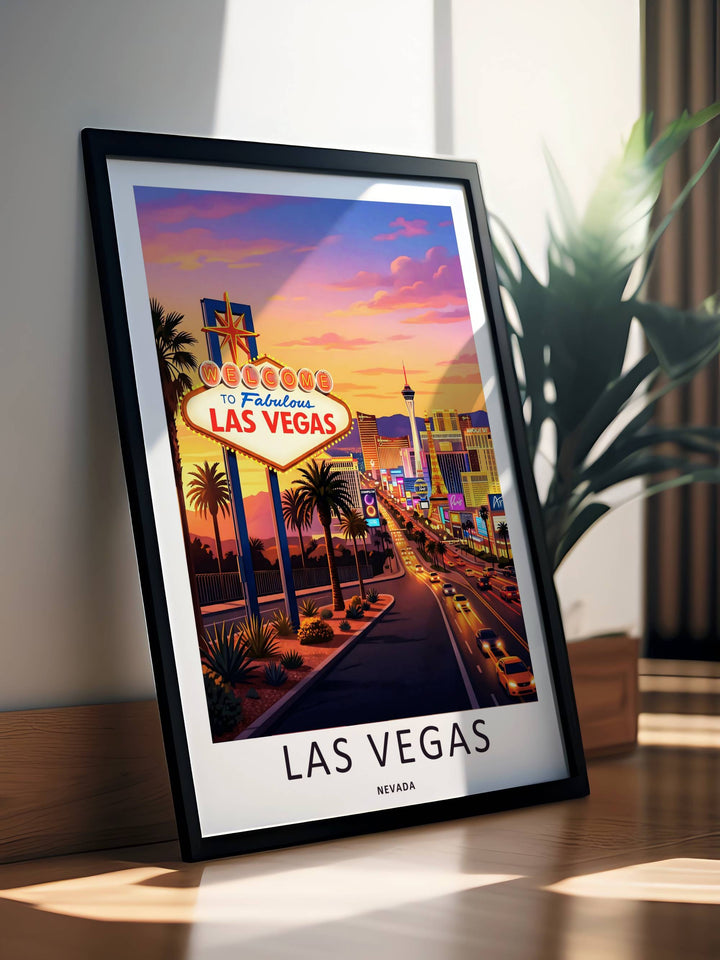 Fine art vector print of a Nevada desert sunset behind the Las Vegas sign and strip skyline, showcasing archival pigment ink quality on a smooth, glare-free 220gsm paper base inside a black frame.