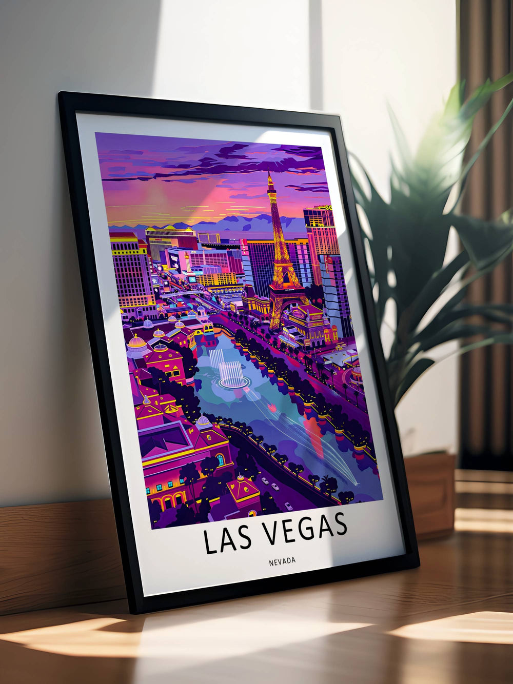 An elegant travel art print titled Las Vegas Nevada. The design is formatted like a premium museum exhibition poster with balanced negative white space separating the purple graphic from the title.