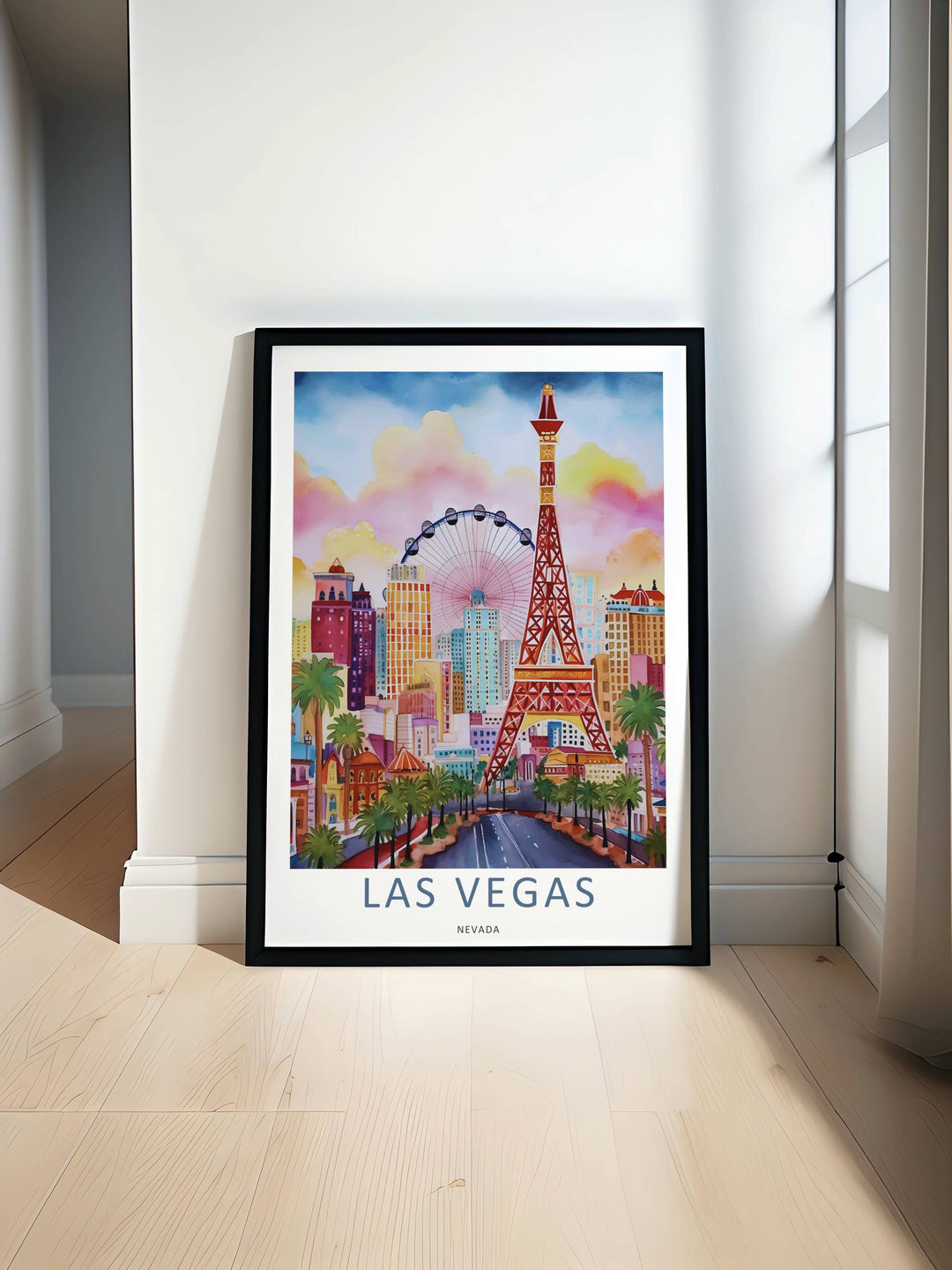 A high-end presentation of a framed colorful Las Vegas travel print. The illustration showcases artistic multi-colored resort skyscrapers, a wide central highway, and fine green palm details.