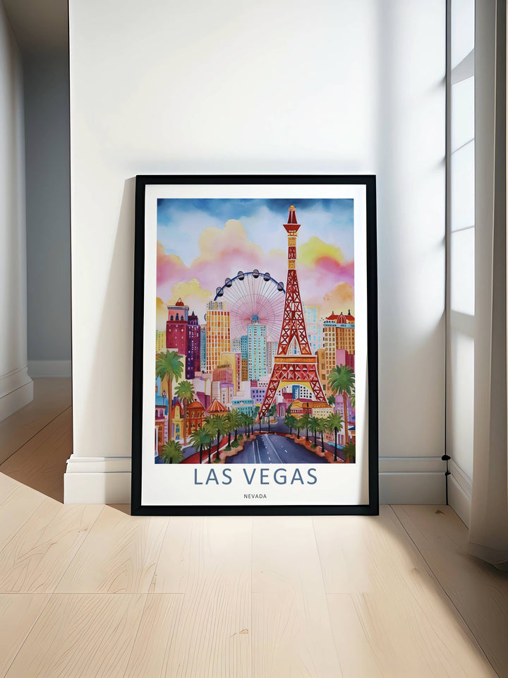 A high-end presentation of a framed colorful Las Vegas travel print. The illustration showcases artistic multi-colored resort skyscrapers, a wide central highway, and fine green palm details.