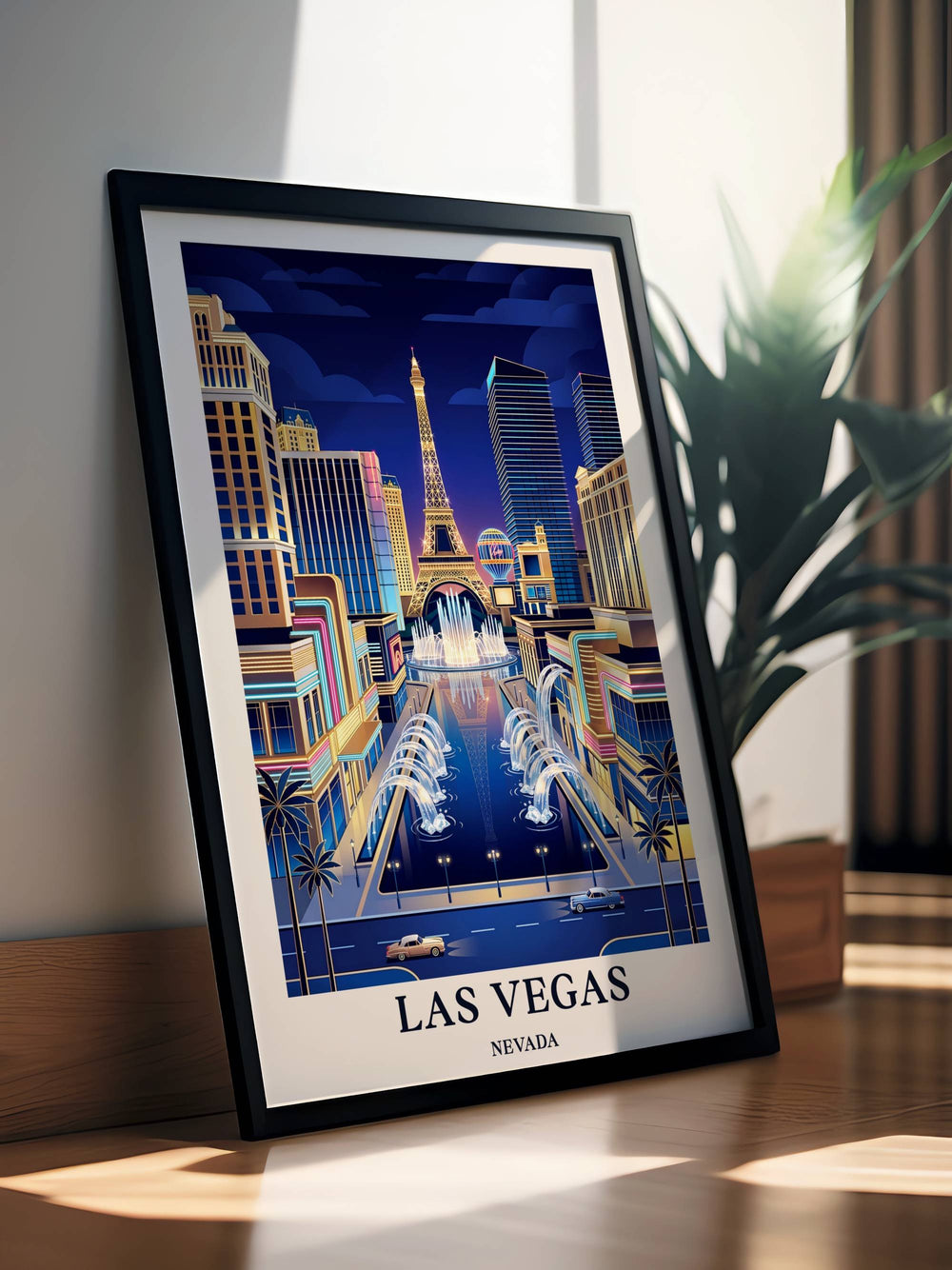 Retro Las Vegas Art Deco skyline print displayed in a modern black frame. The artwork features rich deep midnight blue, glowing amber gold, and cream neon lines detailing stylized resort towers.