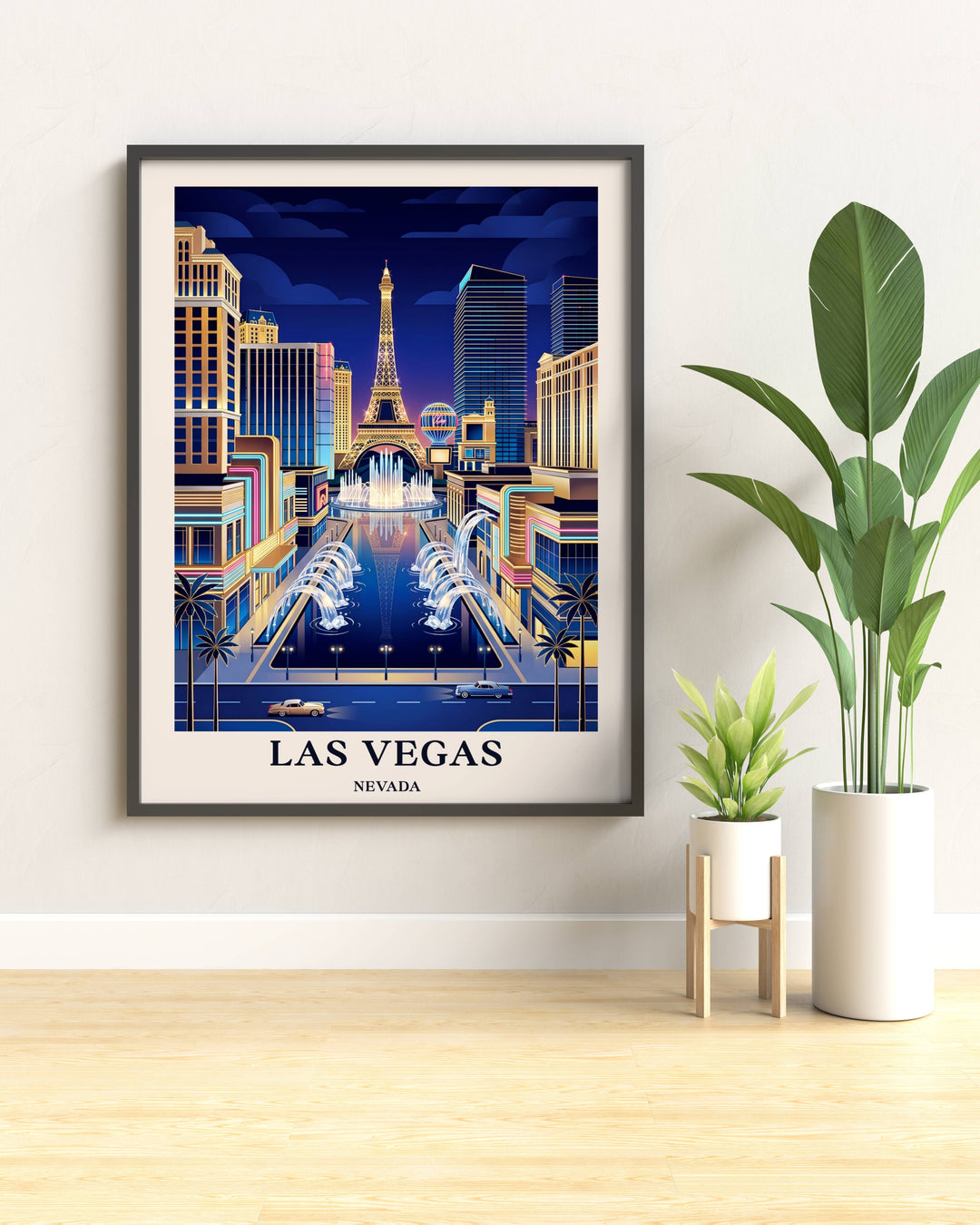 Symmetrical panoramic travel poster of the Las Vegas Strip at night, rendered in highly structured geometric neon blue and amber tones, showcased within a sleek black exhibition frame.
