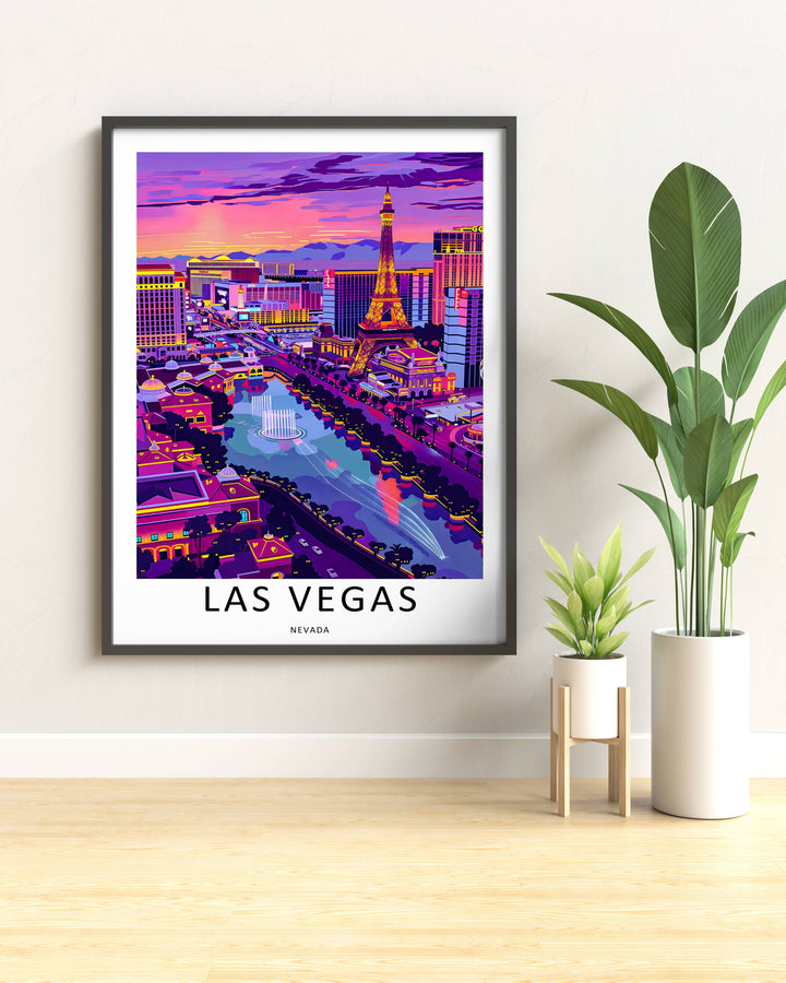 Las Vegas Strip Aerial View Wall Art: Bellagio Fountains Neon Skyline Canvas Print