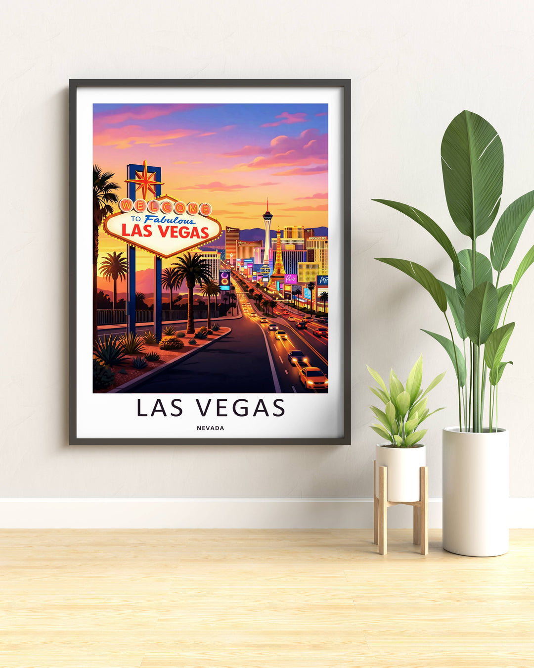 A luxury framed poster display of a Las Vegas travel print from MapYourDreams. The artwork features a sharp horizon line, silhouettes of strip skyscrapers, and a white margin that matches modern interiors.