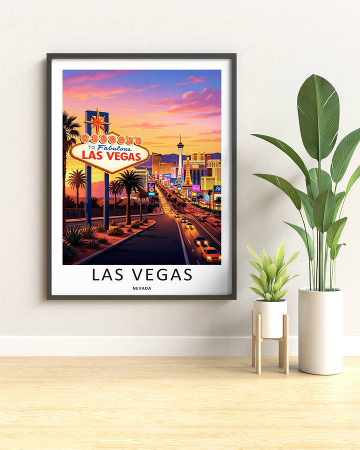 A luxury framed poster display of a Las Vegas travel print from MapYourDreams. The artwork features a sharp horizon line, silhouettes of strip skyscrapers, and a white margin that matches modern interiors.