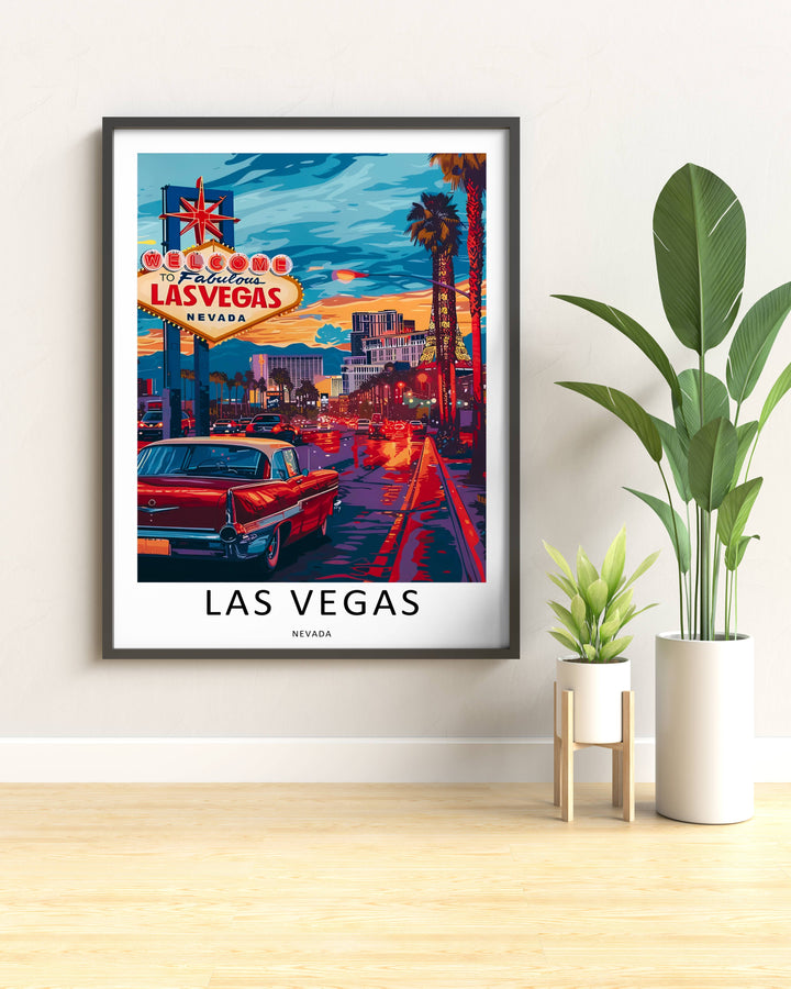 A professional display of a framed retro travel art print titled Las Vegas Nevada, showing a vintage red Cadillac driving past the famous welcome sign on the strip under a teal blue sky.