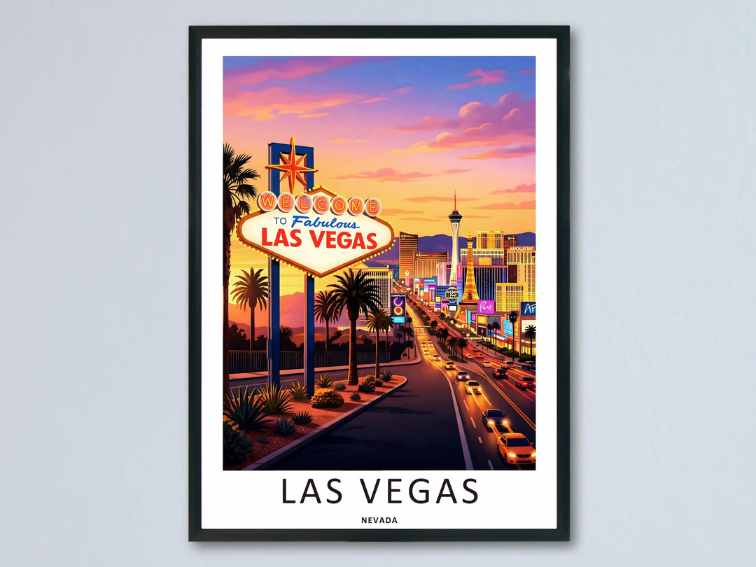 A professional mockup of a framed travel art print titled Las Vegas Nevada, showing the famous welcome sign in the foreground with a detailed city skyline and a vibrant sunset sky on a clean white margin.