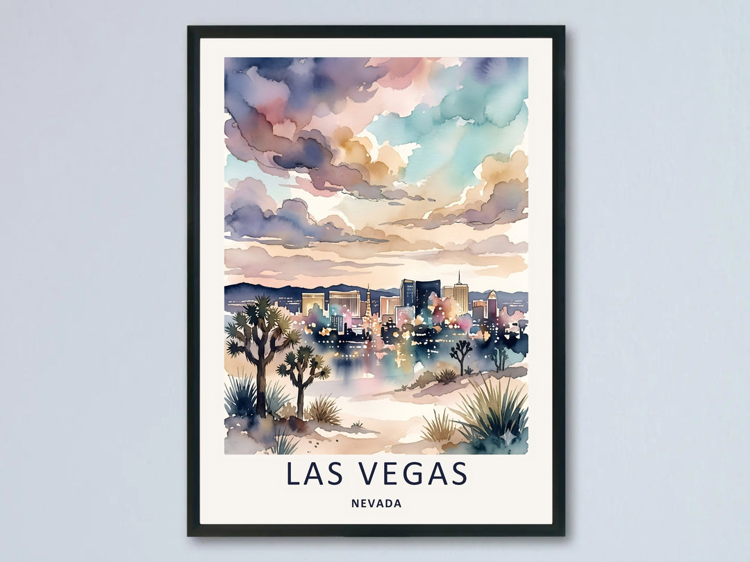 A professional mockup of a framed watercolor art print titled Las Vegas Nevada, showing a colorful desert skyline with soft pastel clouds, iconic city hotels, and Joshua trees on a premium warm cream background margin.