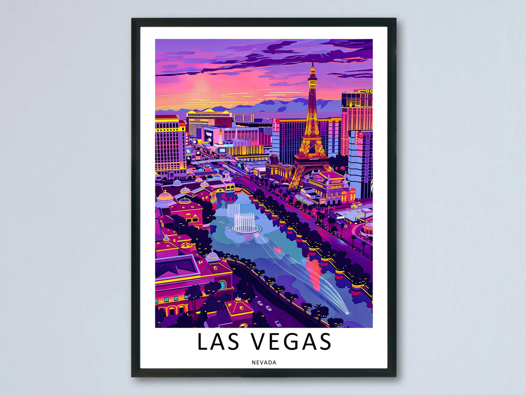 A professional display of a framed travel art print titled Las Vegas Nevada, showing an aerial bird's-eye view of the Bellagio fountains and illuminated resort strip skyline on a clean white margin.